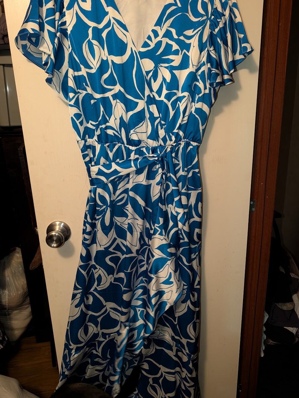 Blue and White Floral Maxi Dress with Tie Waist - Women's Elegant Summer Dress